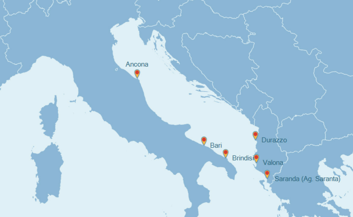 Mapa de los ferries entre Italia y Albania