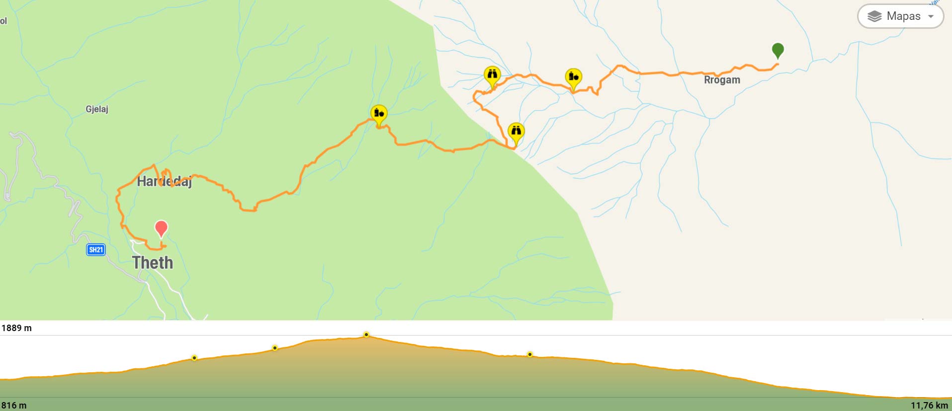 Mapa de la ruta de trekking de Valbone a Theth